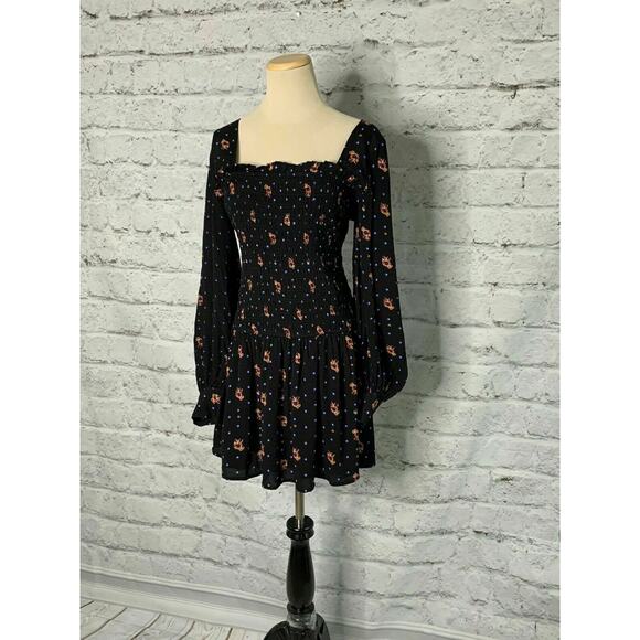 FREE PEOPLE black Floral Long Sleeves Peasant Mini Dress Small - Picture 11 of 11